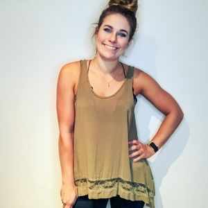 Free People Olive Hi Low Lace Tank
